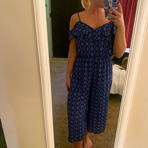 Blue off the shoulder jumpsuit white pattern!